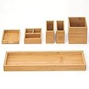 ROCDEER Bamboo Vanity Tray, 6-Piece Bathroom Countertop Vanity Tray Set, Makeup Kitchen Desk Organizer and Storage - Holds Small Items