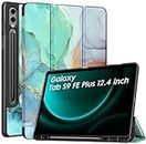 Robustrion Cover for Samsung Galaxy Tab S9 FE+ 12.4 inch Cover Case Flip Back Cover [S Pen Holder] for Samsung Galaxy Tab S9 FE Plus 12.4 inch/Tab S9+ Tablet Cover [Auto Sleep/Wake] - Marble Green