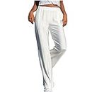 Wide Leg Pants for Women Elastic Waist Jeans Side Pockets Jogging Pants Fashion Solid High Waisted Comfy Trousers White
