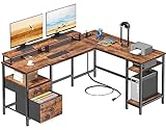 Furologee 66” L Shaped Desk with Power Outlet, Reversible Computer Desk with File Drawer & 2 Monitor Stands, Home Office Desk with Storage Shelves, Corner Desk for Gaming Writing, Rustic Brown