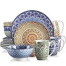 vancasso 16 Pieces Porcelain Dinner Set for 4 - Mandala Dinnerware Dish Set Artisanal Pieces with 10.6in Dinner Plate, 8.2in Dessert Plate, 700ml Bowl and 360ml Mug, Boho Colourful Tableware