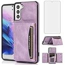 Asuwish Phone Case for Samsung Galaxy S21 Glaxay S 21 5G 6.2 inch Wallet Cover with Tempered Glass Screen Protector and PU Leather Credit Card Holder Stand Cell Accessories Gaxaly 21S G5 Women Purple