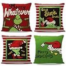 Mevers Grinch Christmas Pillow Covers 18x18 Inch Set of 4, Xmas Christmas Decorations Grichmas Pillows Winter Holiday Throw Pillows Grinch Christmas Decor for Couch Home Décor