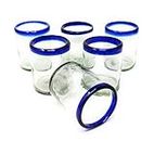 Hand Blown Mexican Drinking Glasses - Set of 6 Tumbler Glasses with Cobalt Blue Rims (10 oz each)