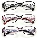 V.W.E. 3 Pairs Women Rectangular Floral Readers - Fashion Reading Glasses Magnification (3 Pairs (Black/Maroon/Purple), 1.50)