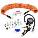 FYPower 18 Pieces Air Compressor Accessories kit, 1/4 inch x 25 ft Recoil Poly Air Compressor Hose Kit, 1/4" NPT Quick Connect Air Fittings, 100 PSI Tire Inflator Gauge, Heavy Duty Blow Gun
