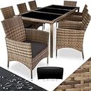 tectake® edles Outdoor Gartenmöbel Set Rattan Sitzgruppe mit Sessel und Tisch für 8 Personen, inkl. Schutzhülle und Polstern, Balkon Möbel wetterfest - Natur/dunkelgrau