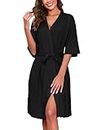 Ekouaer Black Robes for Women Short Sleeve V Neck Lightweight Robe Comfy Soft Bathrobe Sleepwear with Pockets Black Small