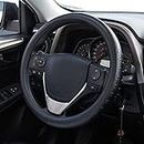 FMS Genuine Leather Car Steering Wheel Cover Universal 15.5 Inch Automotive Interior Accessories-Black, Durable, Breathable, Anti Slip, Odorless