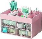 House of Quirk Desk Organiser With Drawer, Multifunctional Desk Organizer, Office Organizer, 4 Plastic Compartments With Drawer, Storage Shelf For Office, School (Pink), Baby Products