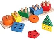 Smoneo Wooden 20 Pc - 5 Shape Sorting & Stacking Sorter Toys Early Educational Geometric Blocks Puzzles for 1-3 Years Old Age Kids Boys and Girls (20 pieces)