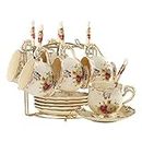 YOLIFE Flowering Shrubs Tea Cups and Saucers Set, Ivory Ceramic Tea Cups Set of 6 with Golden Metal Rack