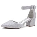 Shoe Land Womens SL-Kyana Closed Toe Heels Low Block Chunky Heel Pumps Pointed Toe Ankle Strap Wedding Business Dress Shoes, Silver, 11