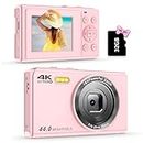 Digital Camera 4K Pink Vlogging Cameras, 44MP Point and Shoot Digital Cameras,Compact Camera with Autofocus Compact, 2024 Best Small 16X Zoom Digital Cameras with 32G SD Card (Pink)
