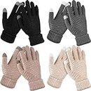 4 Pairs Women's Winter Touch Screen Gloves Warm Fleece Lined Knit Gloves Elastic Cuff Winter Texting Gloves (Black, Dark Gray, Caramel, Beige)