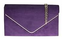 H&G Ladies Faux Suede Clutch Bag Envelope Metallic Frame Plain Design - Purple