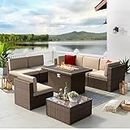Aoxun Patio Furniture Set 8PCS with 40" Fire Pit Table Outdoor Sectional Sofa Set Wicker Furniture Set with Coffee Table(Brown)