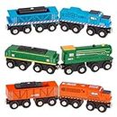 Battat BT2708Z - Ensembles Trains Voyageurs en Bois - 3 Sets Locomotive et Wagon - Bleu, Vert, Orange - Magnétiques - Dès 3 ans