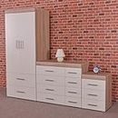 DRP Trading White/Sonoma Oak Bedroom Furniture Set - Wardrobe, 4+4 Drawer Chest & 3 Draw Bedside Table