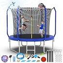 Lyromix 8FT Trampoline for Kids and Adults, Large Outdoor Trampoline with Stakes, Light, Sprinkler, Backyard Trampoline with Basketball Hoop and Net, Capacity for 5-8 Kids and Adults, Royal Blue