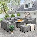 Rattaner 7-Piece Outdoor Furniture Sets Patio Furniture Set with 45-inch Fire Pit Patio Couch Outdoor Chairs 60000 BTU Wicker Propane Fire Pit Table with No-Slip Cushions Waterproof Covers, Grey