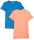 Amazon Essentials Women's Classic-Fit Short-Sleeve Crewneck T-Shirt, Pack of 2, Blue/Coral Orange, XX-Large