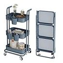 DTK 3 Tier Foldable Rolling Cart, Metal Utility Cart with Lockable Wheels, Folding Storage Trolley for Living Room, Kitchen, Bathroom, Bedroom and Office, Blue