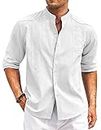 COOFANDY Men's Guayabera Shirts Linen Casual Long Sleeve Button Down Shirts Band Collar Summer Beach Tops White