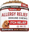Allergy Relief Dog Treats w/Omega 3 + Pumpkin + Enzymes + Turmeric - Itchy Skin Relief - Immune & Digestive Supplement - Skin & Coat Health - Anti-Itch & Hot Spots -Made in USA - 180ct Peanut Butter