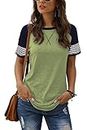 Adibosy Women Summer Casual Shirts: Short Sleeve Striped Tunic Tops - Womens Color Block Tee Tshirt Blouses Olive Green L