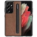 imluckies Leather Case for Samsung Galaxy S21 Ultra 6.8" with S Pen Holder, Hard PC & Faux Leather Back & TPU Frame, Protective & Thin Fit, Phone Cover with S Pen Slot for S21 Ultra - Brown