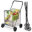IRONMAX Grocery Shopping Cart, Foldable Heavy Duty Utility Cart w/Large Wheels for Easy Installation and Removal, Lightweight Trolley Cart for Grocery Laundry Luggage (Black)