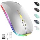 LED Wireless Mouse, Rechargeable Slim Silent Mouse 2.4G Portable Wireless Bluetooth Mouse Dual Mode with USB Receiver and Type C Adapter, 3 Adjustable DPI for Notebook, PC, Laptop (Silver)