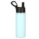 Volhoply 18oz Kids Insulated Water Bottle,Stainless Steel Water Bottles with Straw Lid,Wide Mouth Reusable Metal Thermos Water Bottle,Double Wall Vacuum Sports Travel Flask for Cold Drink(Fog,1 Set)