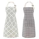 Tosewever 2 Pack Cotton Adjustable Bib Apron for Women, Cooking Kitchen Aprons with Pockets BBQ Drawing, Mom Woman Men Chef (Cotton - Grey/Green, 2)