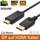 DP auf HDMI Adapter Kabel DisplayPort 1.2 HDMI 1.4 Wandler Full HD 3D 1080p 1,8m