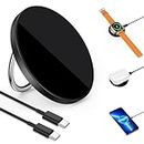 RORRY 3 in 1 Magnetic Wireless Charger,15W Fast Charging Pad and Phone Ring Holder,Μαg-Sαfe/Qi Wireless Charger Compatible with iPhone 14/13/12/11 Series, Apple Watch Ultra/8/7/6/5/4/3/SE,(Black)