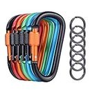 6 Pieces Upgraded D-Ring Locking Carabiner, 3.1" D Shape Keychain Clips for Outdoor, Camping, Hiking, Fishing, Home RV, Travel, 6 Spring-Loaded Gate Hook with 6 Key Rings