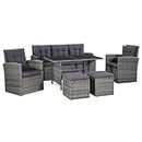 vidaXL Six-Piece Outdoor Lounge Set in Grey - Poly Rattan with Cushions - Includes Sofa, Armchairs, Table, Footstools, and Pillows for Patio, Garden, or Deck