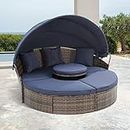 Quarte Outdoor Patio Furniture Set Daybed Sunbed,Rattan Round Lounge with Retractable Canopy,Lift Coffee Table and Removable Cushion, Sectional Sofa Set (Navy Blue@Sunbed/R)
