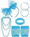 80s Fancy Dress Costume Accessories Lace Headband Earrings Fishnet Gloves Necklace Bracelet for 80s Retro Party (Sky Blue)