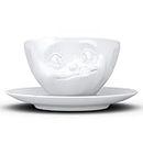 FIFTYEIGHT PRODUCTS TASSEN Porcelain Coffee Cup with Saucer, Tasty Face Edition, 6.5 oz. White (Single Cup & Saucer)