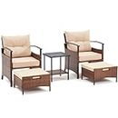 AVAWING 5 Pieces Patio Furniture Set, Outdoor Rattan Chairs with Metal Coffee Table, Ottomans & Soft Cushions, Wicker Conversation Bistro Set for Garden, Deck, Balcony, Poolside(Beige)