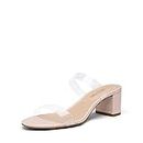 DREAM PAIRS Women's Dhs213 Two Strap Open Toe Low Block Chunky Heels Sandals Dress Pumps Shoes, Nude Clear TPU, Size 7.5