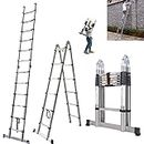 Telescopic Ladder 3.8M/ 12.5 Feet 150kg Capacity Stainless steel A-Frame Ladders with Stabilizer Bar Portable Compact Save Space for Home DIY Builder Supply Roof Work Decoration (1.9+1.9m)