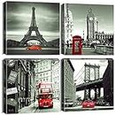 Artscope 4 Pieces Wall Art Canvas Prints - Red Cityscape with Eiffel Tower, Big Ben, Tower Bridge Picture Painting- Modern Wall Artwork Framed for Bathroom Home Office Decor - 30 x 30 CM