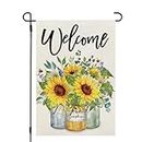 CROWNED BEAUTY Spring Summer Sunflowers Garden Flag Mason Jar 12x18 Inch Double Sided Small Burlap Holiday Flag for Outside Yard Welcome CF1497-12
