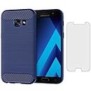 Asuwish Phone Case for Samsung Galaxy A5 2017 with Tempered Glass Screen Protector Cover and Cell Accessories Silicone Slim Soft TPU Rubber Glaxay 5A Gaxaly SM-A520W Women Men Carbon Fiber Navy Blue
