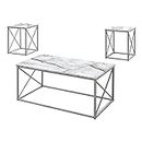Monarch Specialties I 7953P Table Set, 3pcs Set, Coffee, End, Side, Accent, Living Room, Metal, Laminate, White Marble Look, Grey, Contemporary, Modern