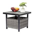 SSLine Patio Outdoor Side Table with Umbrella Hole Grey Rattab Wicker Square End Table with Wooden Top Outside Small Coffee Snack Table with Umbrella Hole for Patio Garden Deck Yard, PASTABLE43242T7